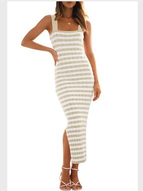 Striped Square-Neck Bodycon Midi Dress in White & Beige